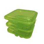 A green reusable clamshell takeout container