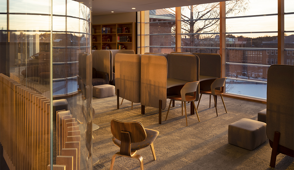 Desks and chairs in the new library space