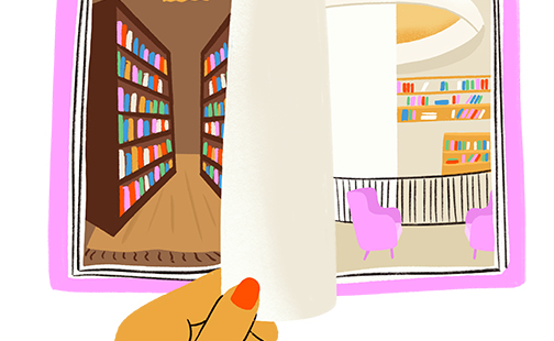 Graphic illustration of an open book depicting a historic version of the library on the left and a modern version on the right for the fall 2021 SAQ