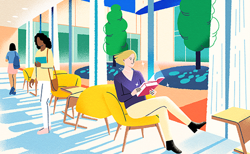 Graphic illustration of a woman sitting in the library reading a book by Yifan Wu for the fall 2021 SAQ