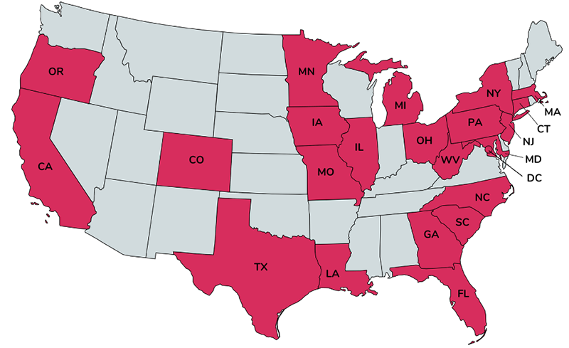 A map outlining the states with schools participating in the 2023 Draper competition: OR, CA, CO, MN, IA, MO, TX, IL, LA, MI, OH, WV, PA, NY, MA, CT, NJ, MD, DC, NC, SC, GA, and FL.