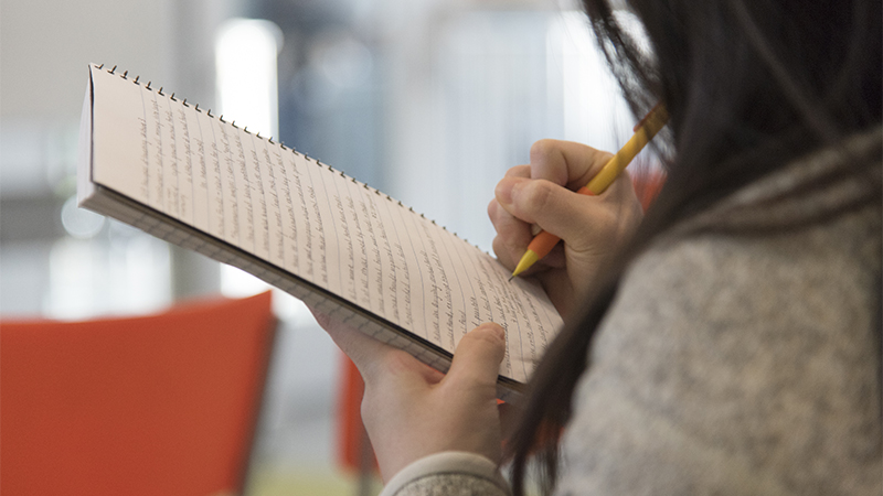 A student writing in a notebook