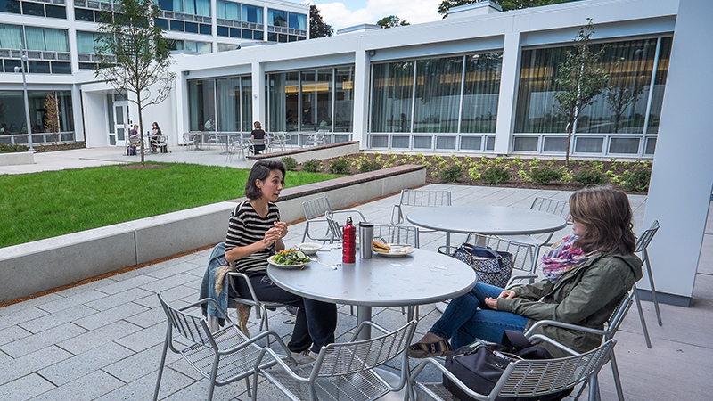 Two students dining outside in the Cutter courtyard