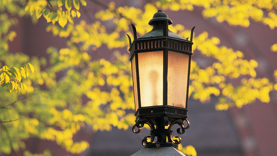 Closeup of an outdoor lamp on campus