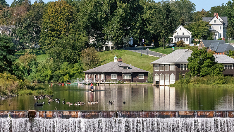 Paradise Pond, boathouse and waterfall taken by Jeff Baker