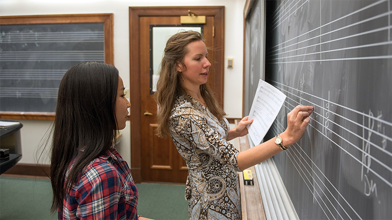 Music instructor with a student at a blackboard