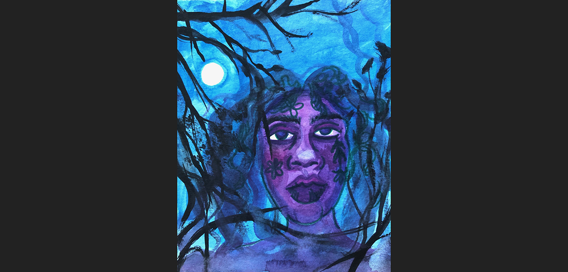 Portrait of a woman with a nightsky background, tree branches and full moon by Ashai Gonzalez '22