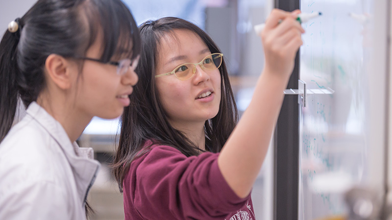 Two students writing on the whiteboard