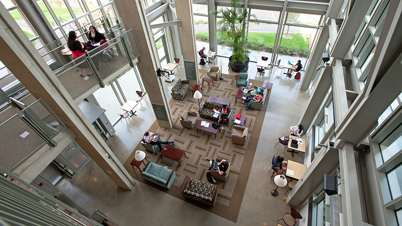 Looking down on Ford Hall atrium, Smith College