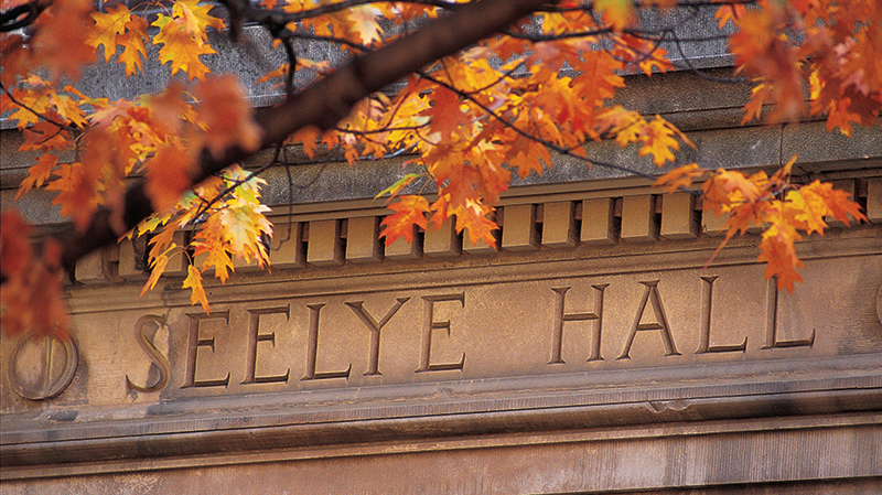 Seelye Hall detail with autumn leaves