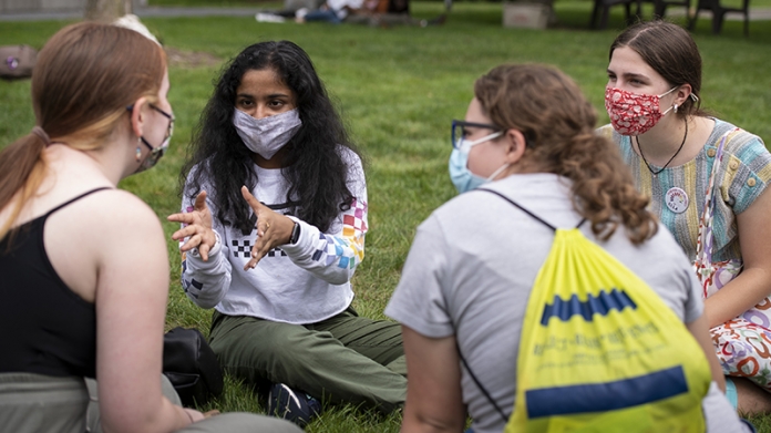 Students doing an activity at the first-year Orientation playfair