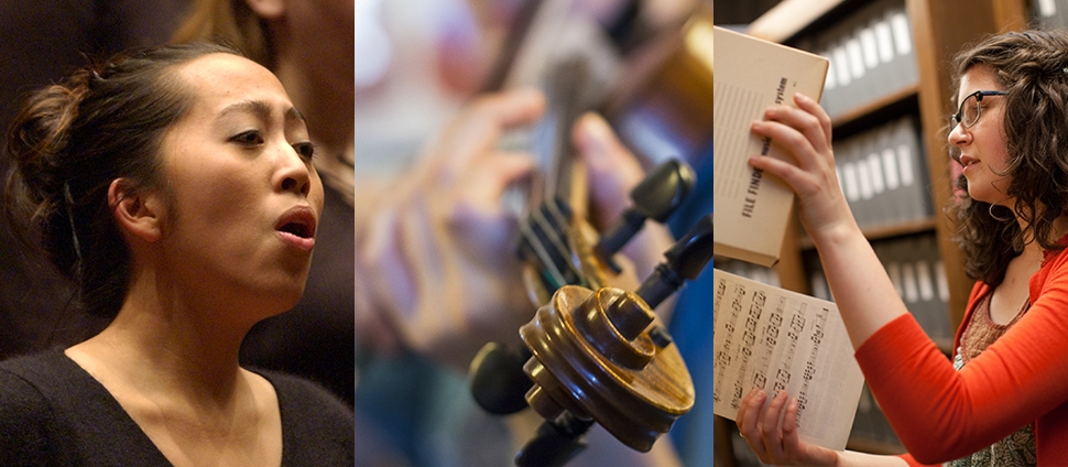 Student vocalist; closeup of student hands on violin; student in the music library