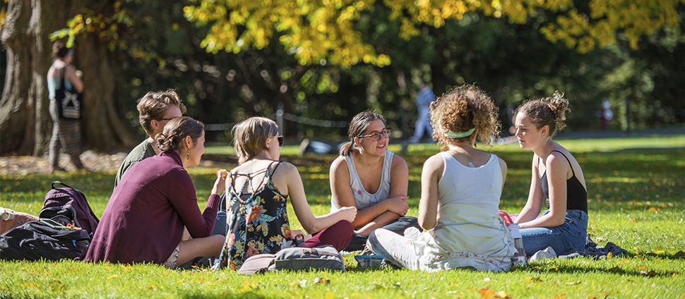 A group of students sitting on the lawn