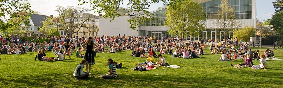 Many students gathered on the lawn of the Campus Center