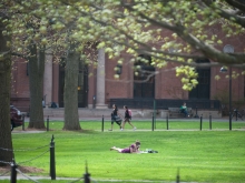 student laying on the lawn in spring