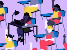 Illustration of students at desks with their hands raised, except one who is hunched over their desk in darkness