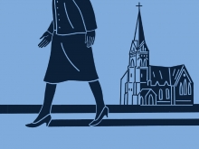 Black outline of a person in a skirt and kitten heels walking past a church against a blue background