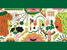 Illustration of an orange person with green curly hair and two pink people with lots of sketchy idea icons