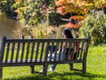 Student on their laptop on a bench by Paradise Pond, surrounded by fall colors