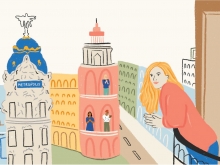 Illustration of a blonde person with long hair leaning out a balcony, looking over Madrid while other people clap in their windows