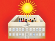 Illustration of a school building embracing a diverse group of people under a bright yellow sun