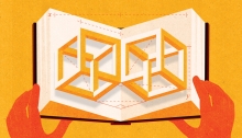 Illustration of orange hands opening a book with impossible geometric shapes popping out. X and y axes flank them.