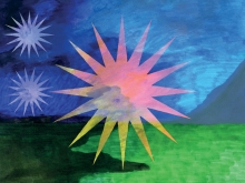 Marker illustration of a large pink and yellow starburst dividing day and night