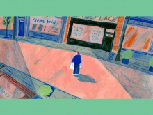 Illustration of a person walking through a city street with closed signs on all the stores.