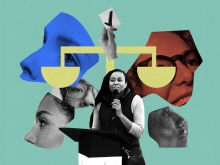 Collage--Camille Wimbish speak into a microphone. Behind her are people's faces and a judicial scale