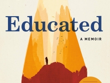 Educated: A Memoir. Illustration of the silhouette of a person climbing a mountain that is also the edge of a large pencil