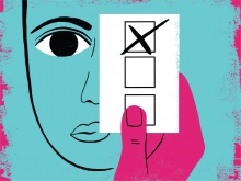 Illustration of a face with a hand holding up a ballot in front of the eye