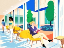 Illustration of a white student reading near the Neilson sunken courtyard.