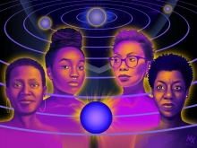 Dark blue, purple and pink drawing of the four speakers against the solar system