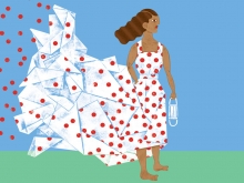 Illustration of a person of color in a white dress covered in red dots. The red dots continue up into the air.