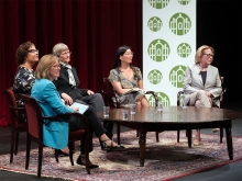 President Kathleen McCartney and honorary degree recipients at panel