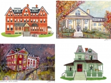 Grid of four watercolors of Smith houses