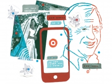 Blue and red Illustration, including overlapping outline of a man's head, a grainy wedding photo, and a smart phone