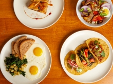 Four plates, apple galette, breakfast, tacos and grain bowl