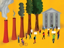 Illustration of people marching toward a building with stone columns holding signs.