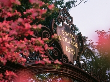 Detail shot of the top of the Grecourt Gates with spring flowers