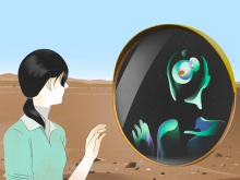 Illustration of a person looking into a mirror with a distorted reflection