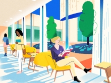 Illustration of a woman reading near a big window
