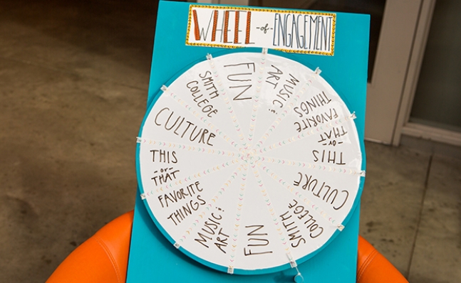 Photo of the "Wheel of Engagement," an activity set up in the Campus Center