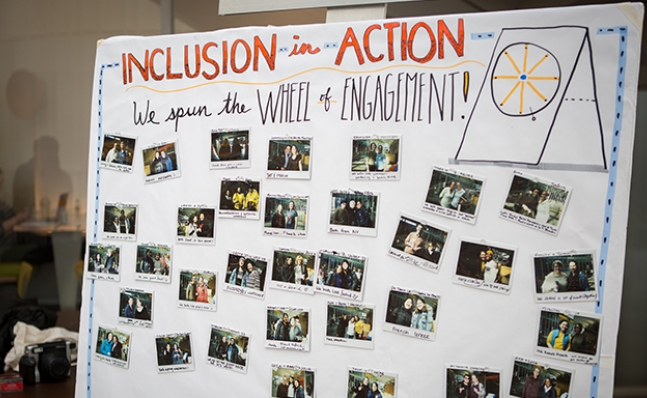 Photo of the board in the Campus Center with photos from the Wheel of Engagement activity