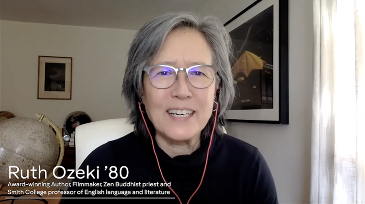 Screenshot of Ruth Ozeki '80 during the webinar