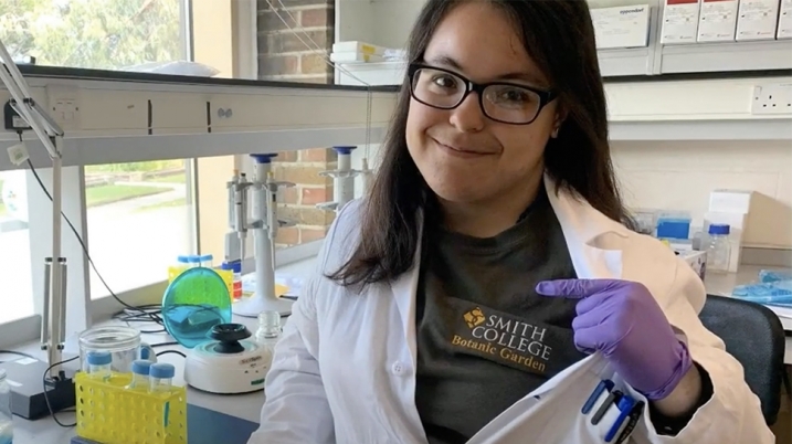 Video still of Karime Gutierrez ’20 in a research lab