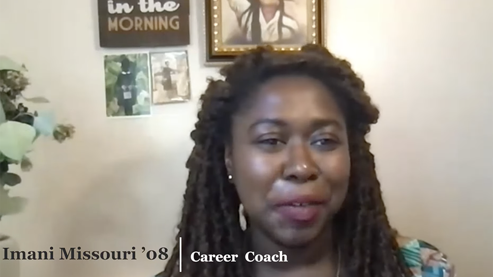 Screenshot of career coach Imani Missouri '08 presenting a webinar