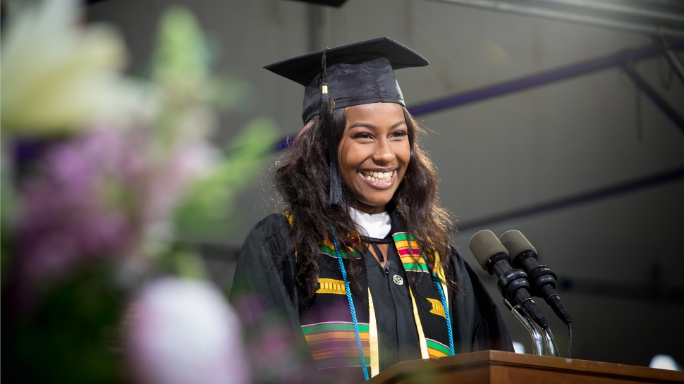 Aminata Khan speaking at Commencement