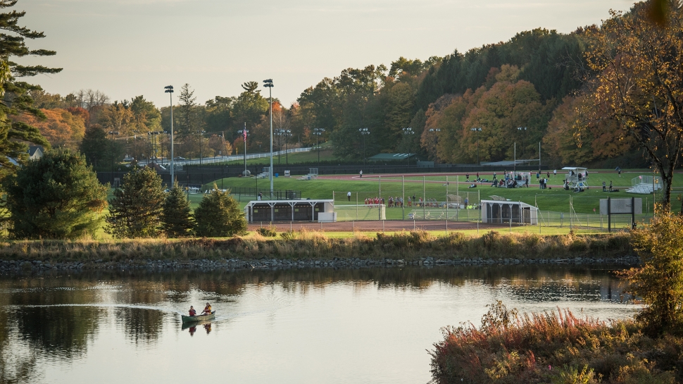 Looking across the pond to the athletic fields